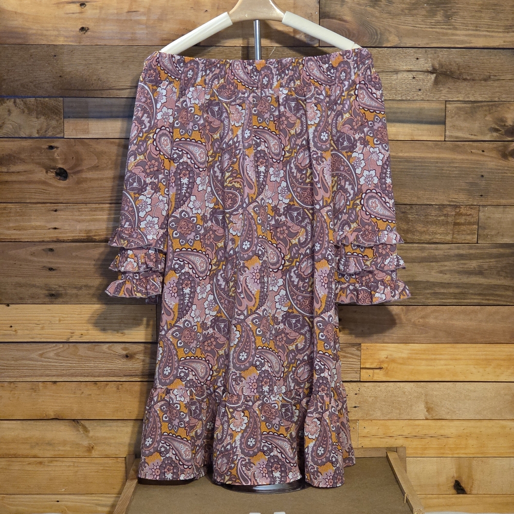 Boho Paisley Off Shoulder Mini Dress Ruffle Sleeves Flowy Festival Casual